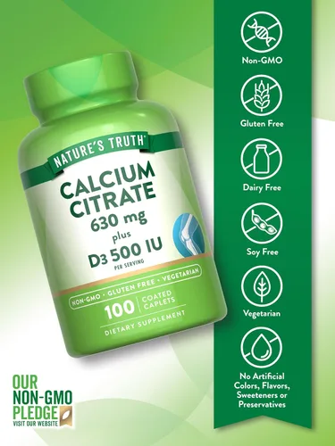 Vista 3 de Citrato de calcio con vitamina D3 100 comprimidos Suplemento sin OMG, sin gluten por Nature's Truth