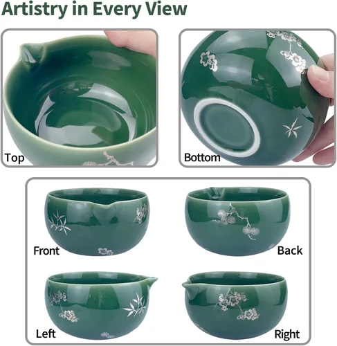 Vista 3 de Juego de batidores de matcha, juego de cerámica matcha incluye cuenco matcha, batidor y soporte de matcha, cuchara y cuchara de bambú, soporte