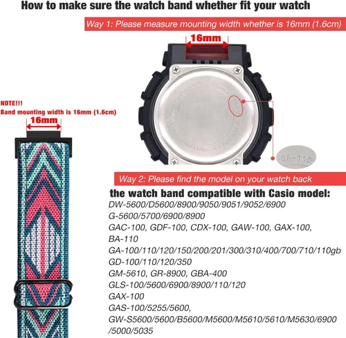 Vista 2 de Abanen Bandas elásticas de nailon para Casio gshock DW-56008900, correa elástica con conector de plástico ligero para Casio