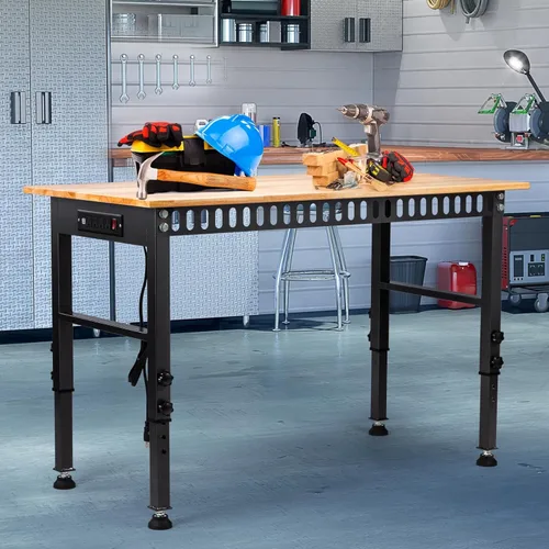 Vista 7 de Banco de trabajo de altura ajustable de 48", capacidad de carga de 2000 LBS, estación de trabajo con superficie de madera de caucho con toma