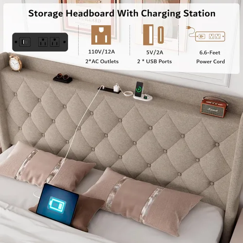 Vista 3 de iPormis Base de cama de almacenamiento elevable de tamaño completo con estación de carga, base de cama de plataforma tapizada con cabecera capitoné