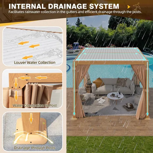 Vista 4 de MELLCOM Pérgola con Persianas – Pérgola de Aluminio de 10 x 10 pies con techo de persianas ajustables y cortinas y redes impermeables