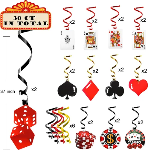 Vista 2 de 30 piezas de remolinos colgantes de casino para fiestas temáticas de póquer, decoración de techo para fiesta de cumpleaños de Las Vegas Casino Night