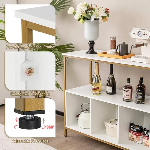 Vista 13 de PETSITE Mesa de buffet aparador con gabinete de almacenamiento y estantes, soporte industrial para horno de microondas, estación de barra de café