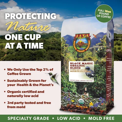 Vista 5 de Café orgánico bajo en ácido, grano entero, sin moho y apto para el estómago por Java Planet, café Black Magic Blend, tostado medio oscuro, sabor