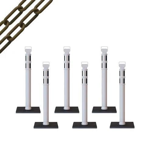 Vista 30 de CCW 6-Pack 45" Delineador Post Kit Kit de 3.0 in collares reflectantes, base de goma de 10 lb (6 postes blancos con cadena negra de 50 pies)