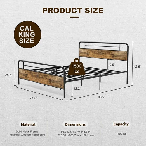 Vista 2 de IKIFLY Base de cama California King con cabecero de madera, cama de plataforma de metal California King, listones de acero resistente