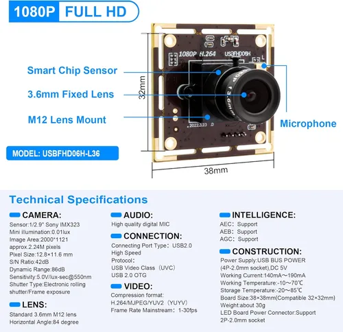 Vista 5 de Módulo de cámara USB 1080P para Raspberry Pi, 2MP 30FPS CMOS IMX323 Cámara web de poca luz con lente de 0.142 in, tablero de cámara industrial
