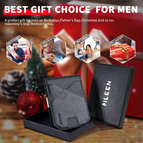 Vista 6 de Mens slim leather wallet mens minimalist wallet wallet RFID blocking front pocket bi-fold wallet with ID window Black