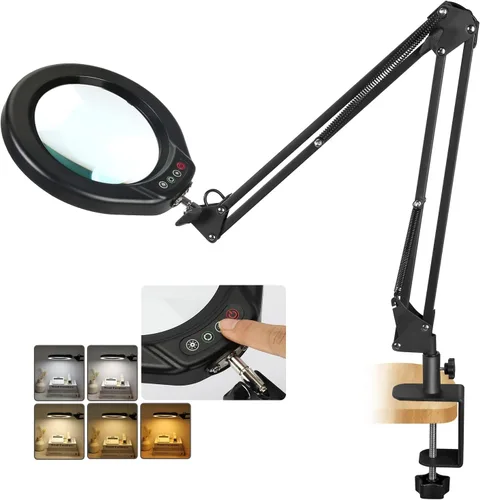 Veemagni Lupa grande de cristal real de 10 x 5 pulgadas con luz y soporte, 5 modos de color regulable, brazo giratorio largo LED abrazadera lámpara