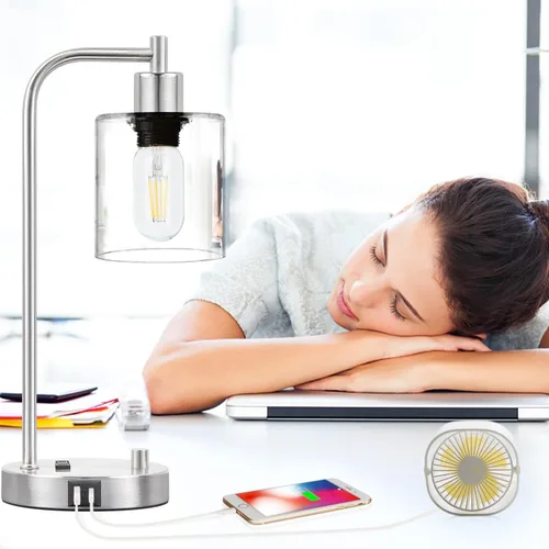 Vista 6 de Juego de 2 lámparas de mesa industriales con puertos USB C+A y tomacorriente, níquel cepillado totalmente regulable, lámpara de mesita de noche