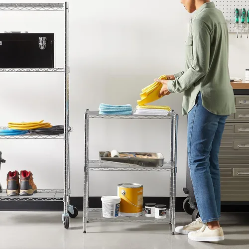 Vista 2 de Yaxa Basics Estante organizador ajustable de alambre de acero resistente con 3 estantes para cocina, garaje, 23.2 pulgadas de largo x 13.4 cromado