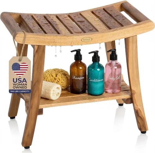 Vista 10 de EcoDecors Teak Bench for Shower 18 Inch, Waterproof Teak Wood Shower Bench - Bath Seat with Shelf, 300 lb Capacity, Slip Resistant Feet, Compact Fit
