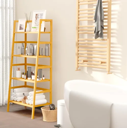 Vista 6 de Estantería de escalera, estante de bambú de 4 niveles, estante de 49.2 pulgadas, estante independiente para almacenamiento de baño, soporte