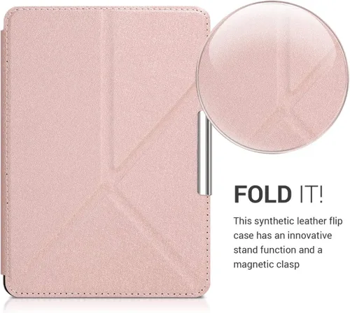 Vista 2 de kwmobile Origami - Funda compatible con Yaxa Kindle Paperwhite, funda delgada de piel sintética con soporte, color oro rosa