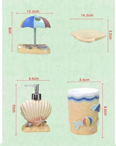 Vista 3 de Juego de baño de resina creativa 5 piezas en estilo mar playa vaso jabón plato jabón dispensador cepillo de dientes titular
