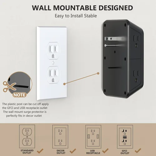 Vista 5 de JcBlaon Extensor de Enchufe Protector de Sobretensiones - Divisor de 6 Salidas con 4 Puertos USB (2 USB C), Expansor de Enchufes Múltiples Cargador