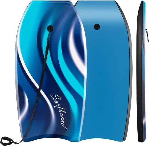 Vista 6 de GYMAX Tablas de Bodyboard para Playa, Tabla de Bodyboard de 33"/37"/41" con Núcleo de Espuma EPS, Cola en Media Luna, Doble Canal y Correa