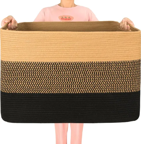 Vista 12 de MINTWOOD Design 112L Cesta Extra Grande para Mantas para Sala de Estar, 25"x17"x16" Canasta de Almacenamiento de Cuerda Tejida Rectangular con Asas