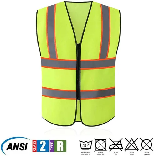 Vista 2 de Tekware Chaleco de seguridad con tiras altamente reflectantes, paquete de 10 protectores de construcción de color neón brillante con cremallera