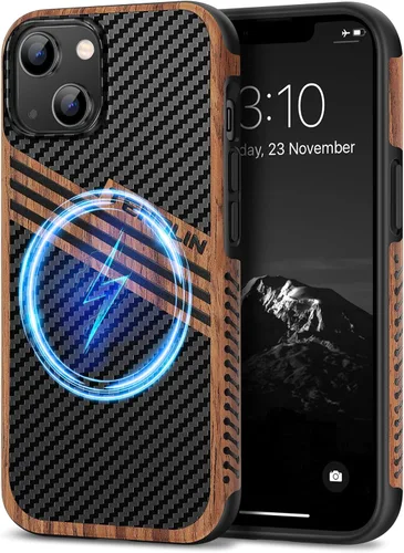Vista 21 de TENDLIN Compatible con Funda para iPhone 14 de Grano de Madera con Diseño de Textura de Fibra de Carbono, Funda Híbrida de Cuero delgada Negra