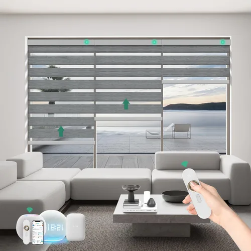 Vista 11 de Persianas motorizadas de cebra con control remoto, funcionan con HomeKit Alexa, cortinas eléctricas automáticas para ventanas, 60% opacas, filtro