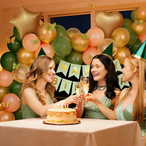 Vista 5 de Decoraciones de cumpleaños verde salvia con pancarta de feliz cumpleaños, cortinas, globos de corazón y estrella, decoración de mariposa y luz LED