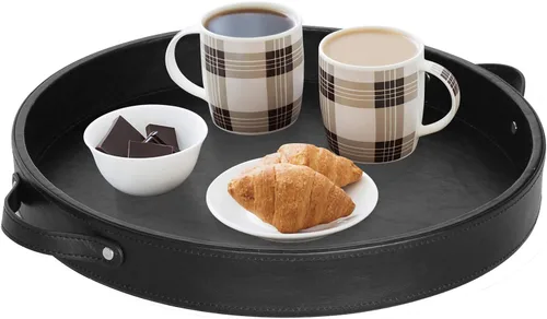 HofferRuffer - Bandeja redonda de piel sintética con asas, bandeja de tocador decorativa para café, bandeja otomana de piel sintética para el hogar