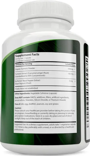 Vista 4 de Cápsulas de Cúrcuma con extracto de pimienta negra BioPerine, ayuda a la absorción; sin esto no funcionará. 120 cápsulas veganas, 0.018 oz