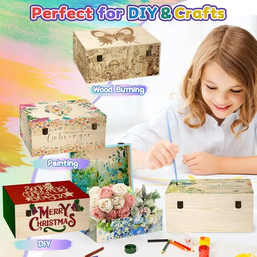 Vista 4 de Cajas grandes de madera sin terminar, juego de 2 tamaños, caja de madera con tapa con bisagras, cajas de madera grandes, cajas de recuerdos