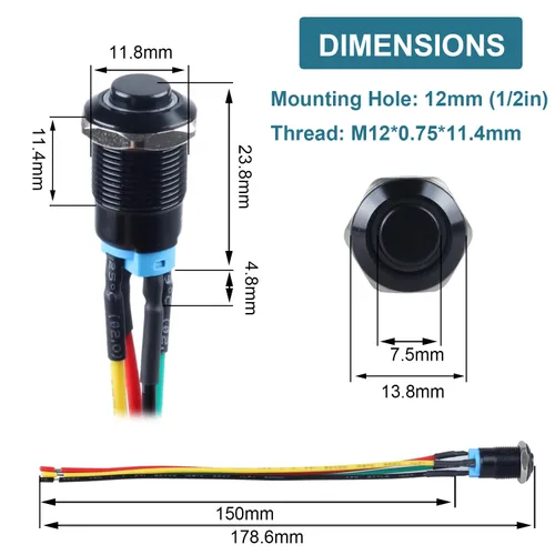 Vista 4 de 2 interruptores de botón con pestillo de 0.472 in con cable pre-soldado de 5.9 in 1NO 12V-24V ON-Off para orificio de montaje de 1/2 pulgada, anillo