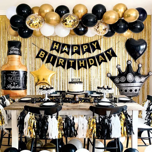 Vista 6 de Decoraciones de cumpleaños negras y doradas con pancarta de feliz cumpleaños, cortinas, botella, corona, globos de estrella de corazón y luz LED