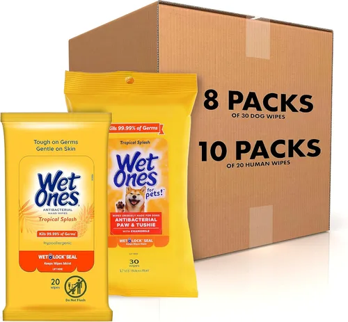 Wet Ones Paquete Mixto de 18 Piezas de Toallitas Húmedas para Humanos y Mascotas, Aroma Tropical Splash | 10 Paquetes de Toallitas Antibacterianas,