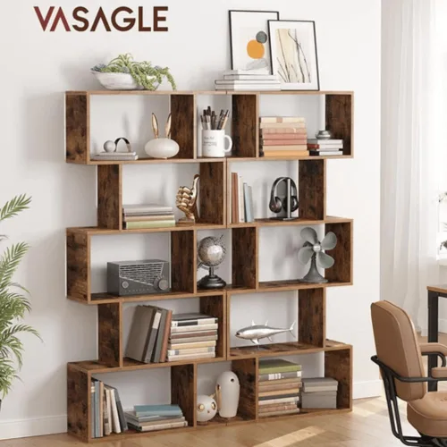 Vista 2 de VASAGLE - Estantería de madera para libros y decoración, separador de habitaciones, repisa de 5 niveles Marrón rústico