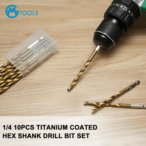 Vista 7 de GMTOOLS juego de 10 brocas con vástago hexagonal de cambio rápido de 1/4 de pulgada, revestidas de titanio, brocas de impacto HSS de 135 grados