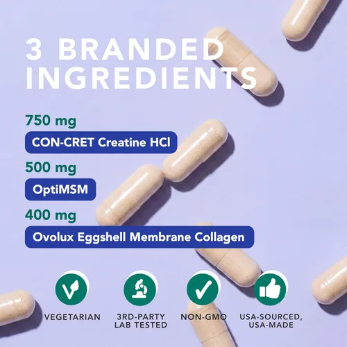 Vista 2 de AMANDEAN Creatina HCl + colágeno + cápsulas MSM, CON-CRET y OptiMSM, 90