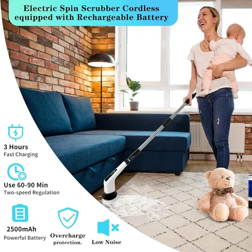 Vista 4 de Limpiador eléctrico giratorio, limpiador de ducha inalámbrico para limpieza con 7 cabezales de cepillo de limpieza multiusos, limpiador de baño