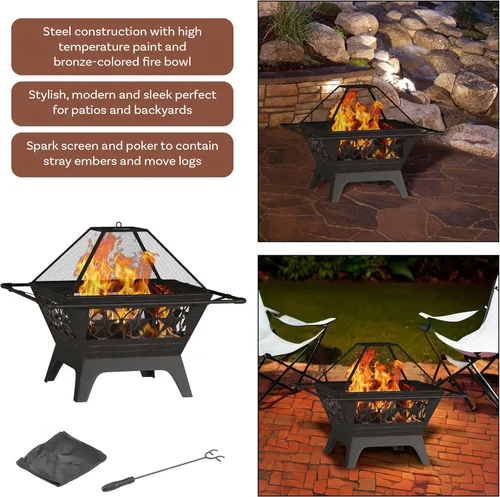 Vista 3 de Chimenea para exterior de 32 pulgadas cuadrada con forma de estrella para quemar madera, con pantalla de chispas, atizador, rejilla y cubierta