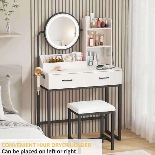 Vista 3 de Vabches Tocador de maquillaje con espejo redondo y luces, mesa de maquillaje blanca con estación de carga, mesa de tocador pequeña para dormitorio