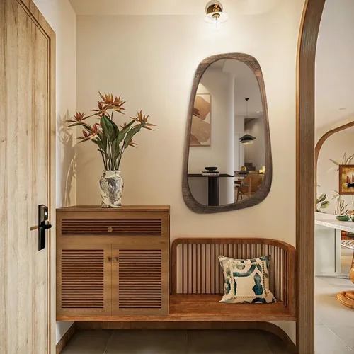 Vista 5 de AAZZKANG Espejo de pared grande con marco de madera, espejos colgantes irregulares vintage de 28 x 16 pulgadas, asimétrico para baño, dormitorio