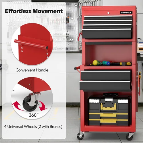 Vista 9 de IRONMAX Caja de herramientas con ruedas, armario de herramientas con cerradura de 5 cajones con estante ajustable y 4 ruedas universales, caja