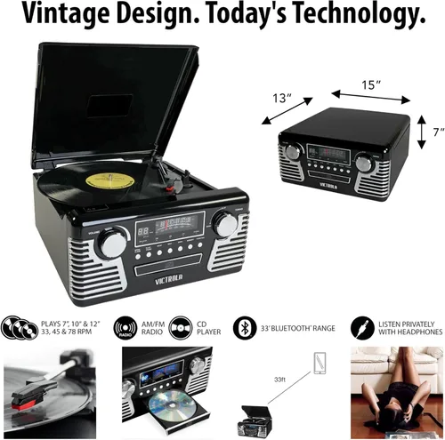 Vista 4 de Victrola Haley - Tocadiscos retro con Bluetooth y centro multimedia con altavoces integrados - Tocadiscos de 3 velocidades, reproductor de CD, radio