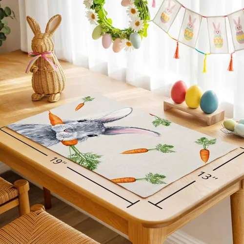 Vista 4 de Easter Placemats Funny Rabbit Carrots Place Mats for Dining Room Dinner Table Leaves Retro Washable Table Mats Spring Easter Day Kitchen Decorations