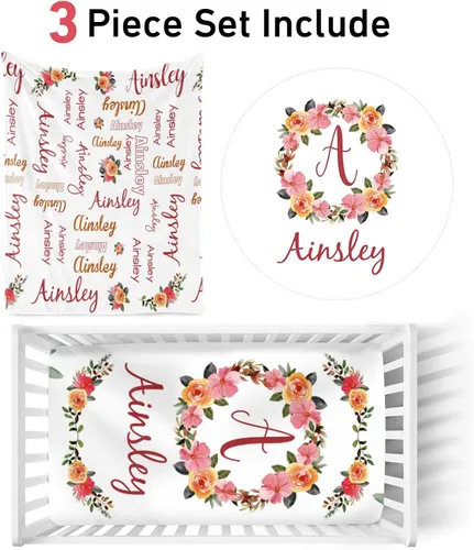 Vista 2 de Juego de sábanas ajustables para cuna para bebé juego de ropa de cama personalizado para cuna de 3 piezas con nombre, juego de ropa de cama