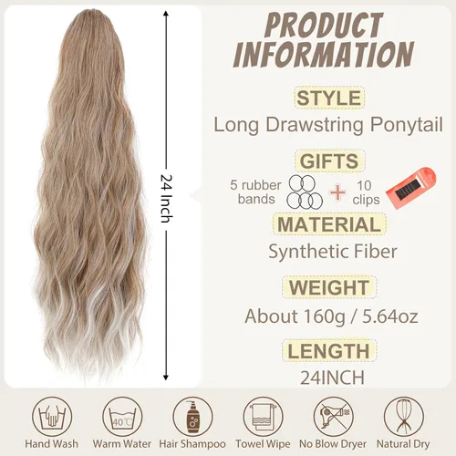 Vista 4 de Extensión de cola de caballo de 24 pulgadas de largo, rizado, ondulado, con cordón, extensiones de cabello sintético para mujer, uso diario, mezcla
