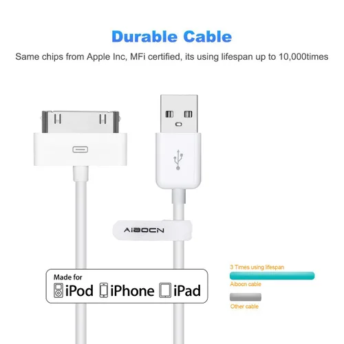 Vista 2 de Aibocn - Cable de sincronización y carga con Dock de 30 pines certificado MFi para iPhone 4 4S / iPad 1 2 3 / iPod Nano/iPod Touch - Blanco
