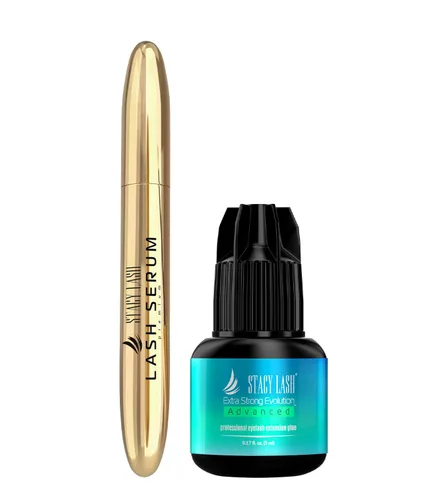 Pegamento para extensión de pestañas extra fuerte Evolution Advanced de 0.2 fl oz y suero de pestañas Stacy de 0.2 onzas líquidas para crecimiento y