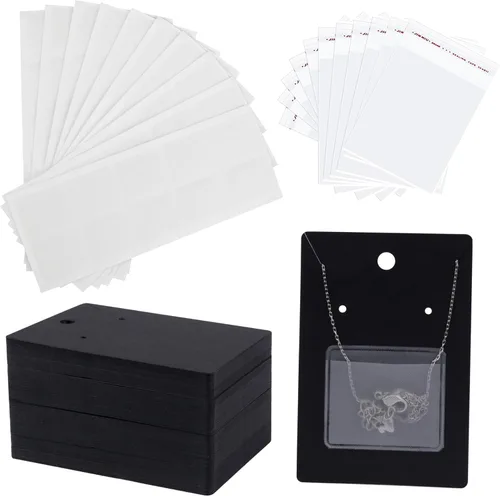 Temlum 100 tarjetas de exhibición de joyas con 100 bolsas adhesivas y bolsas transparentes, soportes para tarjetas de collar y aretes para vender