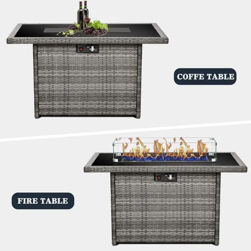 Vista 6 de Mesa para fogón de gas propano de 44 pulgadas para patio exterior, fogón rectangular al aire libre de mimbre de ratán de 60000 BTU con protector