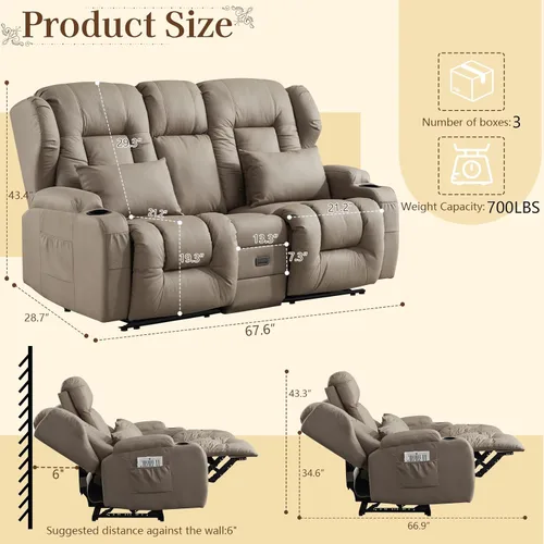 Vista 3 de SAMERY Sofá reclinable RV de 68 pulgadas, sofá reclinable de pared de 6 pulgadas con consola abatible, sofá reclinable de tela manual para sala